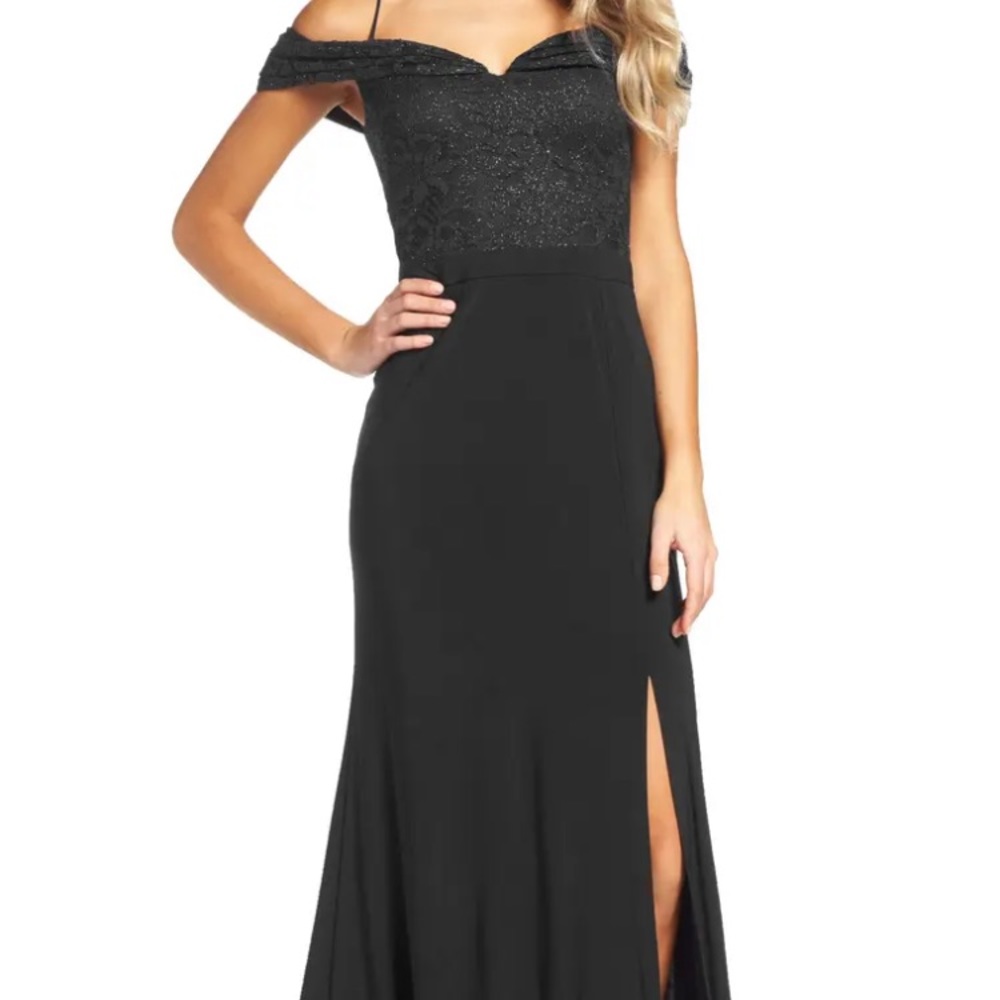 Morgan & Co. | black sparkle off the shoulder gown